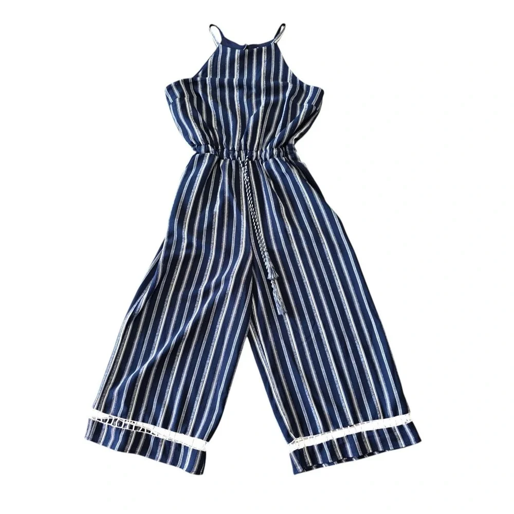 Bailey Blue Nautical Striped Halter Wide Leg Jumpsuit Sz L Crochet Hem Coastal